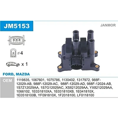 Immagine di JANMOR JM5153 Bobina d&#039;accensione FORD: FIESTA 5, 4, KA Hatchback, MAZDA: Tribute SW, 2 Hatchback
