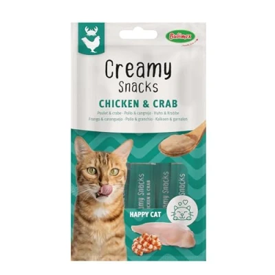 Immagine di Bubimex Creamy Snacks Pollo e Granchio Dolcetti Crema Leccare per Gatti Texture Liscia, Ontuosa appetitosa Stimola l&#039;appetito favorisce l&#039;idratazione 4 x 15 g