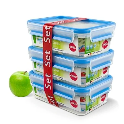 Immagine di Emsa, Set Contenitori Salvafreschezza Clip&amp;Close 3x1Litro, Ermetici per Alimenti, in Plastica Rettangolari con Chiusura Ermetica e Coperchio, Pratici Sicuri, Trasparente