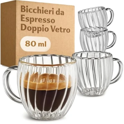 Immagine di Cosumy Tazza Caffè Doppio Vetro 4 con Manico Per Espresso 80ml Isolamento Termico Effetto Galleggiante Design Scanalato Resistente Al Calore Lavabile In Lavastoviglie