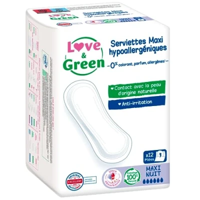 Immagine di Love &amp; Green Tovaglioli ecologici Maxi Nuit 0% coloranti, profumi, allergeni Certificati Ecolobel Ultra assorbenti 12 unità (confezione da 2)