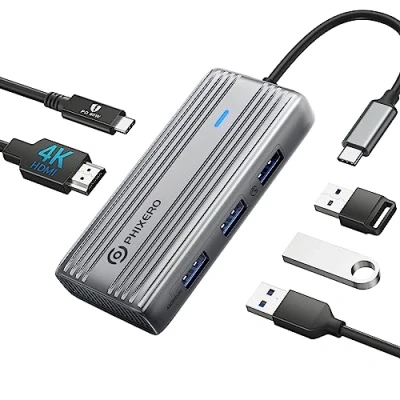Immagine di PHIXERO USB C Hub Multiport Adapter, 4K 30Hz Docking Station, 100W PD, 5Gbps Data Port, for MacBook Pro/Air, Laptop (Gray) (5 in 1)