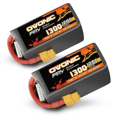 Immagine di OVONIC Batteria Lipo da 6s, 1300 mAh, 22,2 V, 120 C, con spina XT60, per elicottero RC FPV, aereo, quadricottero, hobby racing (2 pezzi)
