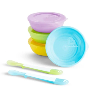 Immagine di Munchkin Love a Bowls, Set di Ciotole e Cucchiai per Svezzamento Bambini Partire da 4 Mesi, Porta Alimenti con Coperchio in Plastica Lavabili Lavastoviglie Confezione: Pezzi (Multicolore)