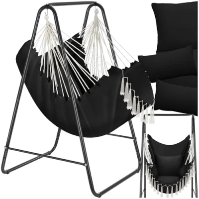 Immagine di tectake® Poltrona Sospesa Boho con Cuscini, Tasca Laterale, Tessuto Misto Cotone Poliestere, Telaio in Acciaio, Capacità 160 kg, Arredamento Casa e Giardino, per Interni ed Esterni Nero