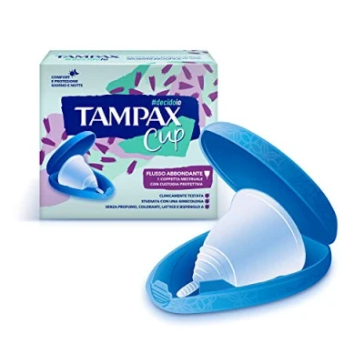 Immagine di Tampax Cup, Coppetta Mestruale Riutilizzabile con Custodia Protettiva, Flusso Abbondante
