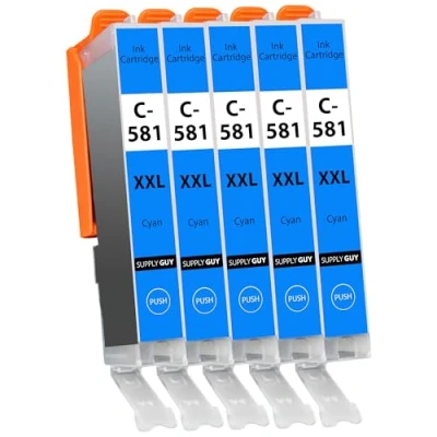 Immagine di 5 Cartucce per Stampante XXL Ciano compatibile con Canon CLI 581 Pixma TR7500 TR7550 TR8500 TR8550 TS6100 TS6150 TS6151 TS6300 TS6350 TS8100 TS8150 TS8151 TS8152 TS8350 TS9100 TS9150