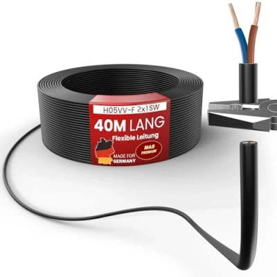 Immagine di cavo flessibile in plastica da 5 a 100 m, H05VV F, 2 x 0,75; 1; 1,5 o 2,5, nero, (H05VV F 1 SW, 40 m)