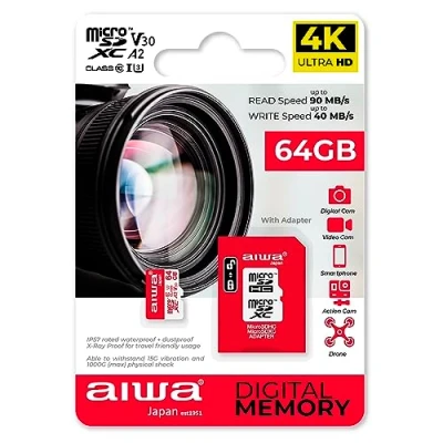 Immagine di AIWA MSDV30 Scheda di memoria da 64 GB MICROSDXC, classe 10, U3 UHS, con adattatore U3, A2, SDXC, IP57, 90 Mbps