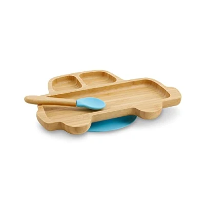 Immagine di BIOZOYG Set con Piatto di bambù Macchinina I base a ventosa e cucchiaio certificato FSC ciotola in legno per bambini da merenda Stoviglie blu