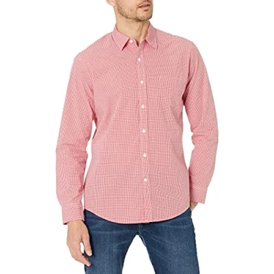 Immagine di Amazon Essentials Camicia Casual in Popeline a Maniche Lunghe vestibilità Regular Uomo, Rosso Percalle, XXL