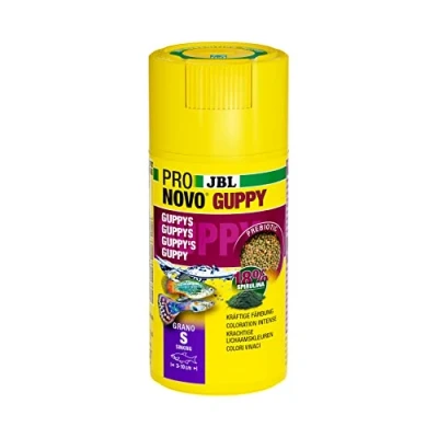 Immagine di JBL PRONOVO guppy GRANO, mangime base per e altri pesci ovovivipare da 3 10 cm, pellet pesci, dosatore a clic, taglia S, 100 ml