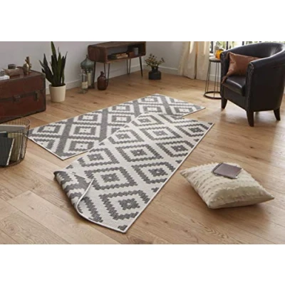 Immagine di NORTHRUGS Tappeto reversibile Malta, resistente alle intemperie, moderno motivo geometrico, per balcone, terrazza, giardino d&#039;inverno, soggiorno, impermeabile, in polipropilene, grigio, crema, 80 x