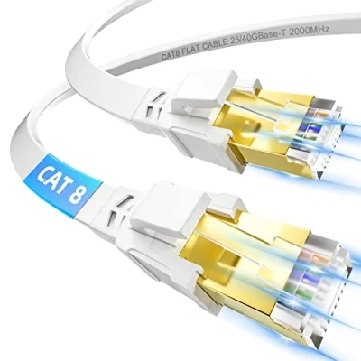 Immagine di Cavo Ethernet 5 Metri, Cat 8 di Rete mt Alta Velocità Fibra Lan Schermato Internet Bianco Piatto Filo 5m 40Gbps 2000MHz RJ45 Gigabit Patch per Router PC Modem Switch