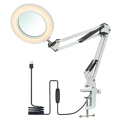 Immagine di Lampada da Tavolo Flessibile a Morsetto con Lente D&#039;ingrandimento 8X Braccio Orientabile LED Dimmerabili, 3 Modalità Colore e 10 Livelli di Luminosità Lettura Funzionante Grande Bianco