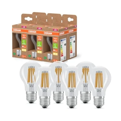 Immagine di OSRAM LED Superstar Classic A 100 nella forma classica della lampadina, corpo in vetro trasparente, 7,2 W, 1521 lm, attacco E27, 2700 K per luce bianca calda, EEK A, diametro 60 mm, confezione da 6