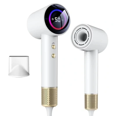 Immagine di PKBD asciugacapelli agli ioni, 200 milioni di ioni negativi, 110.000 giri al minuto ad asciugatura rapida con alone LED, ugello concentratore, display a LED della temperatura,Bianco
