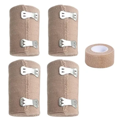 Immagine di 4 rotoli di bende elastiche, con 1 rotolo autoadesive a pressione clip in metallo, cinghie ritenzione per allenamento sportivo, ginocchia, caviglie, polsi (colore della pelle)