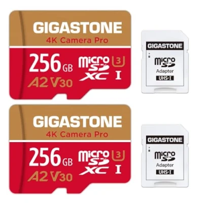 Immagine di [5 Anni Recupero Dati Gratuito] Gigastone Scheda di Memoria 256 GB Set 2 Carte, 4K Fotocamera Pro, Compatibile con GoPro Switch, Velocità 100 MB/s. Micro SDXC A2 U3 V30 adattatore SD.