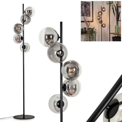 Immagine di Lampada a stelo Remaisnil da terra in metallo/vetro nero/fumo/trasparente, design retrò/vintage con ombrelli vetro (Ø 15 cm) e poggiapiedi, altezza 160 cm, 5 x G9, senza lampadina