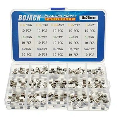 Immagine di BOJACK 15 Valori Assortimento fusibili in vetro ad attacco rapido 150pz 5x20mm 250V 0,1 0,2 0,25 0,5 1 1,5 2 3 4 5 8 10 12 20A Confezione scatola di plastica trasparente