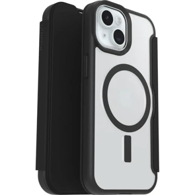Immagine di OtterBox Cover React Series Folio MagSafe per Apple iPhone 15/14/13, resistente a shock e cadute, slot carte di credito, testata norme MIL STD 810G, Trasparente/Nero, Senza Retail Package