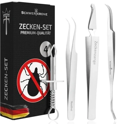Immagine di Schwertkrone Set di 4 pinze per zecche, in acciaio inox, cani, pinzette zecche