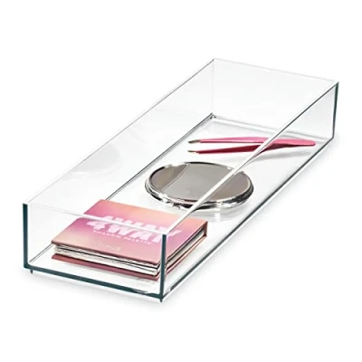 Immagine di iDesign The Collection Porta, Organizer cassetto per Trucchi della Collezione Firmata da Sarah Tanno, Portatrucchi organizzatore Bagno combinabile in plastica, Trasparente, 10,2 x 30,5 5 cm