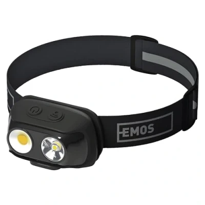 Immagine di EMOS Lampada frontale a LED ricaricabile, 7 modalità di luce, bianco neutro e caldo, rilevatore movimento, 6,5 pezzi, durata luminosa, luminosità 500 lm, portata 130 m, + COB per