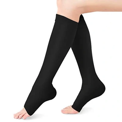 Immagine di Calze Compressione Polpaccio, Elastiche a Graduata da 20 30mmhg, Punta Aperta, Fascia Polpacci per Vene Varicose, Gonfiore, Edema, Donne e Uomo, 1 Paio(Nero XL)