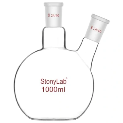 Immagine di stonylab Pallone a Fondo Piatto FBF, Muro Pesante 2 Collo Fiaschetta da Laboratorio Vetro Borosilicato Bollente con 24/40 Giunto Standard, 1000 ml (1 L)