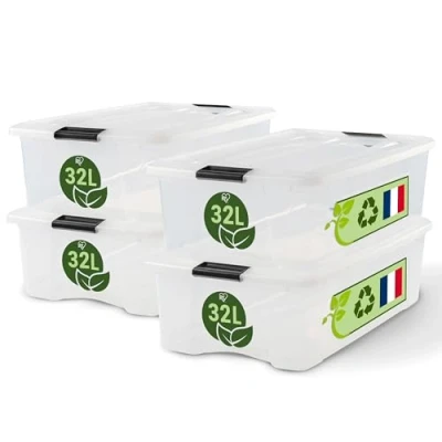 Immagine di Iris Ohyama, Scatola di Raccoglimento in Plastica con Coperchio, 32L, Lotto 4, Trasparente, Clip Chiusura, Maniglia, Impilabile, Organizzazione Solida e Durevole, per Camera, Ufficio, BSB 32
