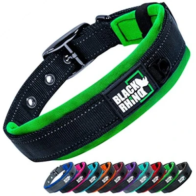 Immagine di Black Rhino Collare per cani imbottito in neoprene ultra morbido, tutte le razze, confortevole, resistente, regolabile, riflettente, impermeabile (S, Verde/Nero)