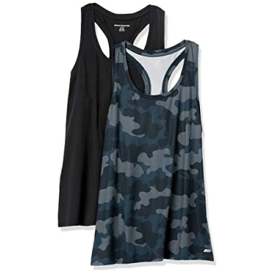Immagine di Amazon Essentials Canotta Vogatore Tecnica Elasticizzata (Disponibile in Taglie Forti) Donna, Pacco da 2, Grigio Mimetica/Nero, XL