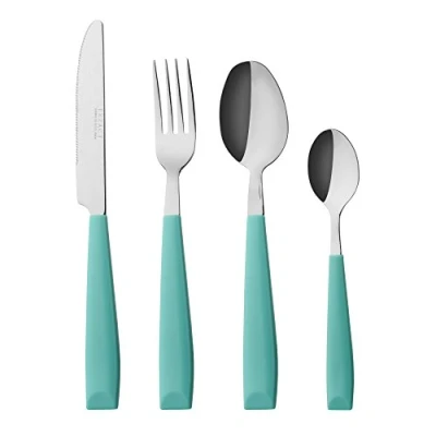 Immagine di Exzact Posate 16 Pezzi Acciaio Inossidabile con Maniglie di plastica Larghe Confortevole da Tenere 4 x Forchetta, Coltelli, Cucchiai Cena, Cucchiaini (WF232W) (Turchese)