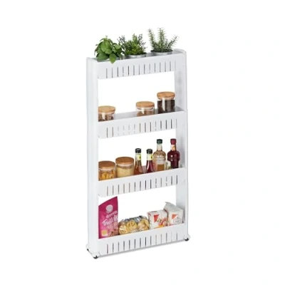 Immagine di Relaxdays Mobile Salvaspazio, 4 Ripiani, Scaffale Stretto per Bagno &amp; Cucina, Carrello Portaoggetti in Plastica, Bianco, 1 pz