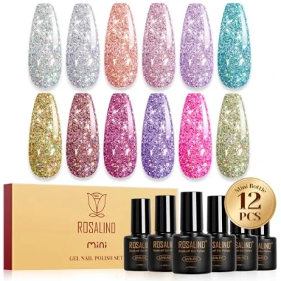 Immagine di ROSALIND Smalti Semipermanenti per Unghie Glitterato, 12 Colori Argento Rosa Blu Oro Viola Glitter Smalto Semipermanente, Soak Off Mini UV/LED Glitterato Nail Art Manicure