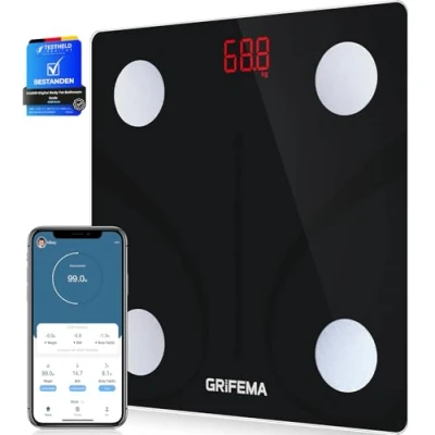 Immagine di GRIFEMA Bilancia con app, digitale Bluetooth, personale analisi massa muscolare e del grasso corporeo, per BMI, proteine, nera[Esclusiva Amazon]