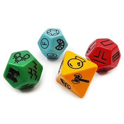 Immagine di Bescon&#039;s Dungeon and Wilderness Terrain, Feature Treasure Type Dice Set, 4 piece Proprietary Polyhedral RPG Red, Green, Yellow with Black print