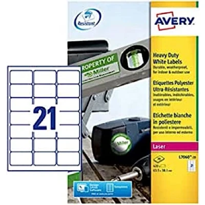 Immagine di Avery Heavy Duty Laser Labels, 420 Etichette in Poliestere (20 Fogli x 21), Colore: Bianco