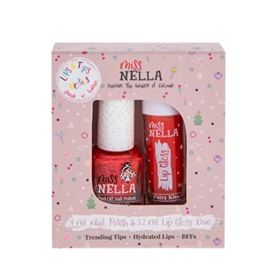 Immagine di Miss Nella Fairy Kiss Lips &amp; Tips Lucidalabbra profumato duo + smalto glitterato per bambini con formula sfoderabile, a base d&#039;acqua e inodore