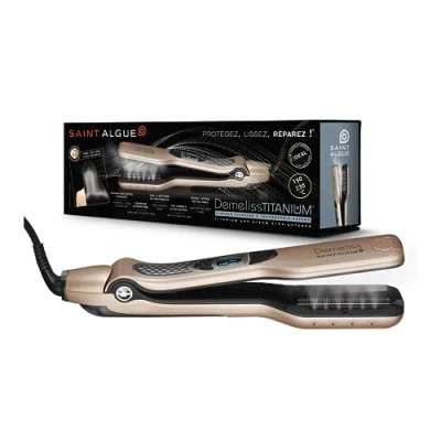 Immagine di Demeliss SAINT ALGUE Piastra Lisciante a Vapore TITANIUM Piastre Galleggianti, Rivestimento Titanio Potente Serbatoio XL integrato 40 ml Pettine Staccabile Tutti i Tipi di Capelli
