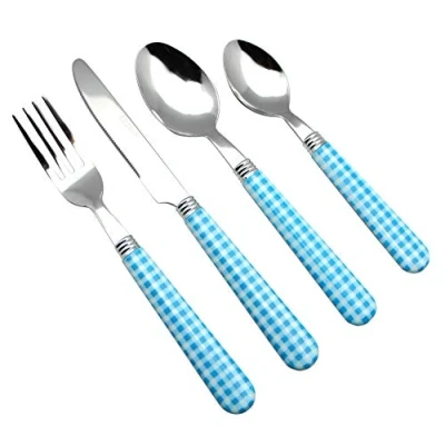 Immagine di EXZACT Posate in acciaio inox 24 pezzi Motivo a quadretti/Maniglie colorate 6 x Forchette, Coltelli, Cucchiai Cena, Cucchiaini(Blu)