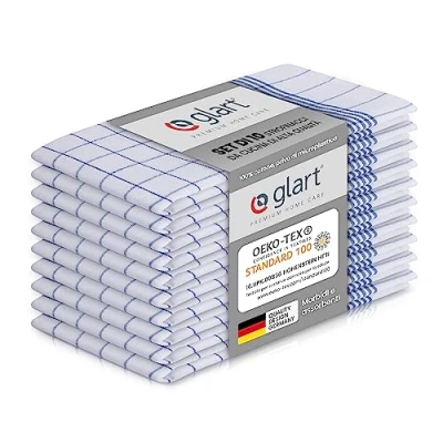 Immagine di Glart 48KB2 Set di 10 strofinacci da cucina, 50x70 cm, 100% cotone certificato OEKO TEX, a quadri blu, prelavati