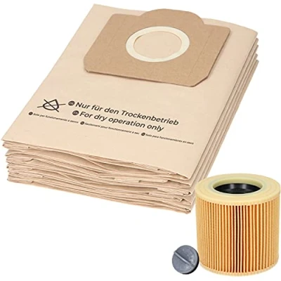 Immagine di 1 set da 10 sacchetti per aspirapolvere e filtro a cartuccia, adatto multiuso Kärcher della serie WD3 MV3