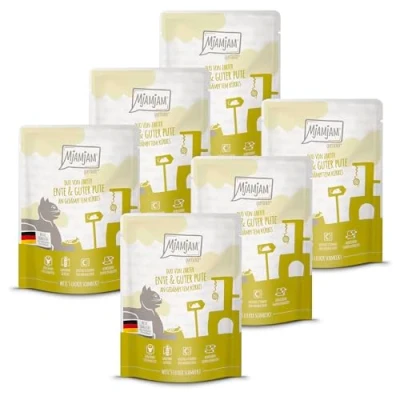 Immagine di MjAMjAM Cibo umido premium per gatti Quetschie DUO a base di tenera anatra e squisito tacchino con zucca cotta vapore, confezione da 6 (6 x 300g), senza cereali carne extra