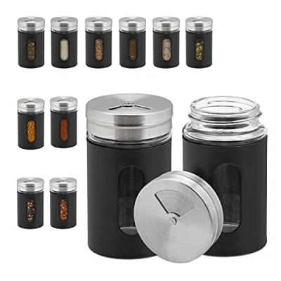 Immagine di Relaxdays Portaspezie, Set Barattoli, 3 Aperture Diverse, Coperchio Forato, Vetro, Acciaio e Plastica, 90 ml, Nero, Inox, 12 pz