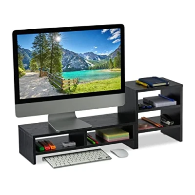 Immagine di Relaxdays Supporto per Monitor con Ripiani Organizer, 2 Parti, Base Rialzata PC da Scrivania, Casa e Ufficio, Nero, 100% Fibra di Legno