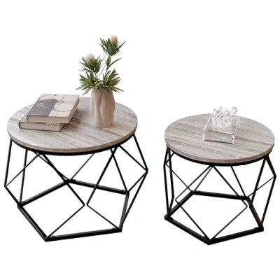 Immagine di Vida Designs Brooklyn Set di tavolini, Ferro Legno ingegnerizzato, Grigio, Large/Small : H 40/36 x W 48/40 D cm
