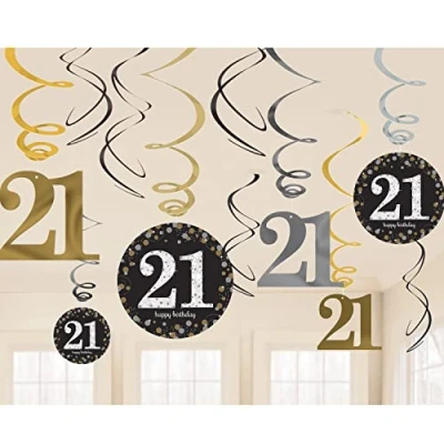 Immagine di amscan 21st Swirl Decoration Value Pack Glittery Gold (12 pezzi) 1 confezione, Oro, 21, 9900566
